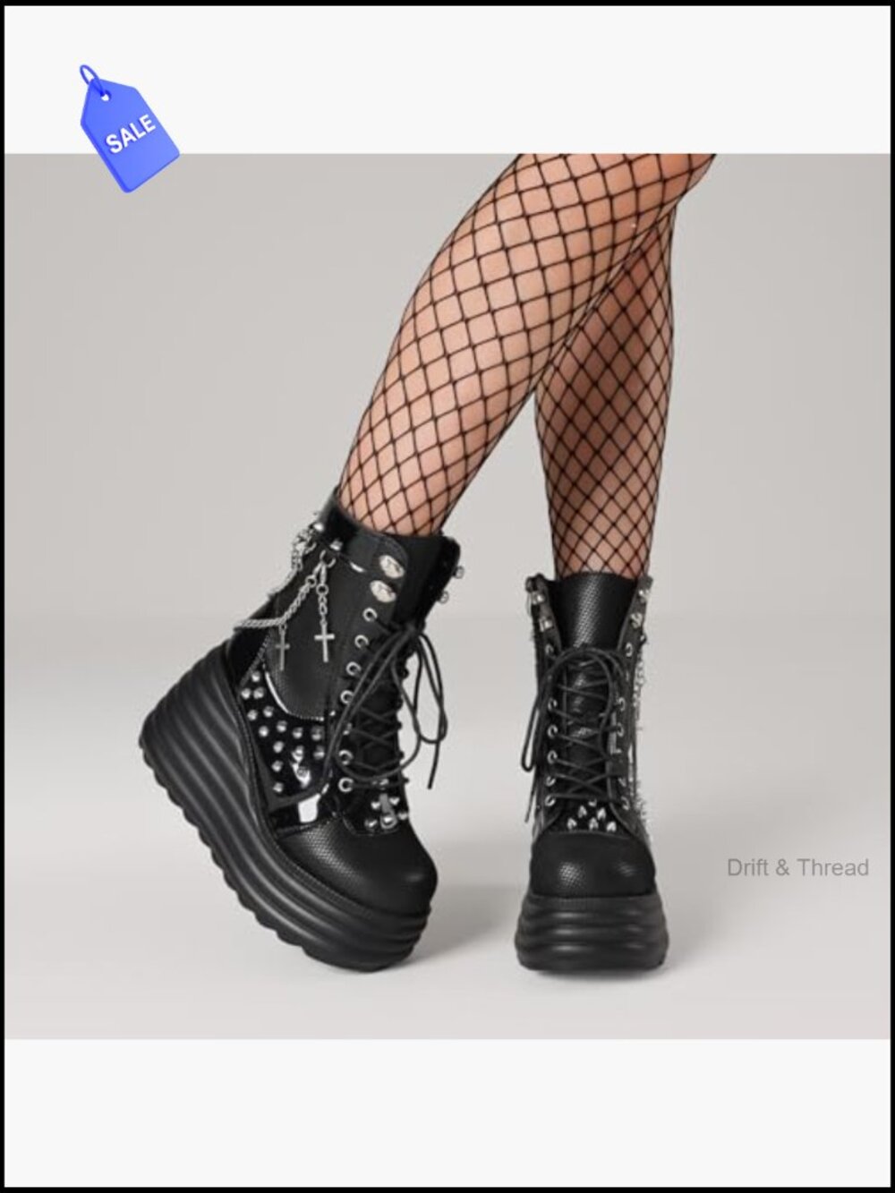 Gothic Ankle Boots Platform Combat Boots with Punk Chains & Studs Lace Up Wedge - Picture 2 of 7